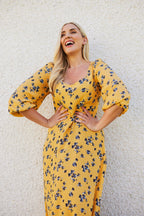 Molly - Sweetheart Midi Dress - Yellow Floral