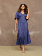 Lois - Angel Sleeve Satin Dress - Navy