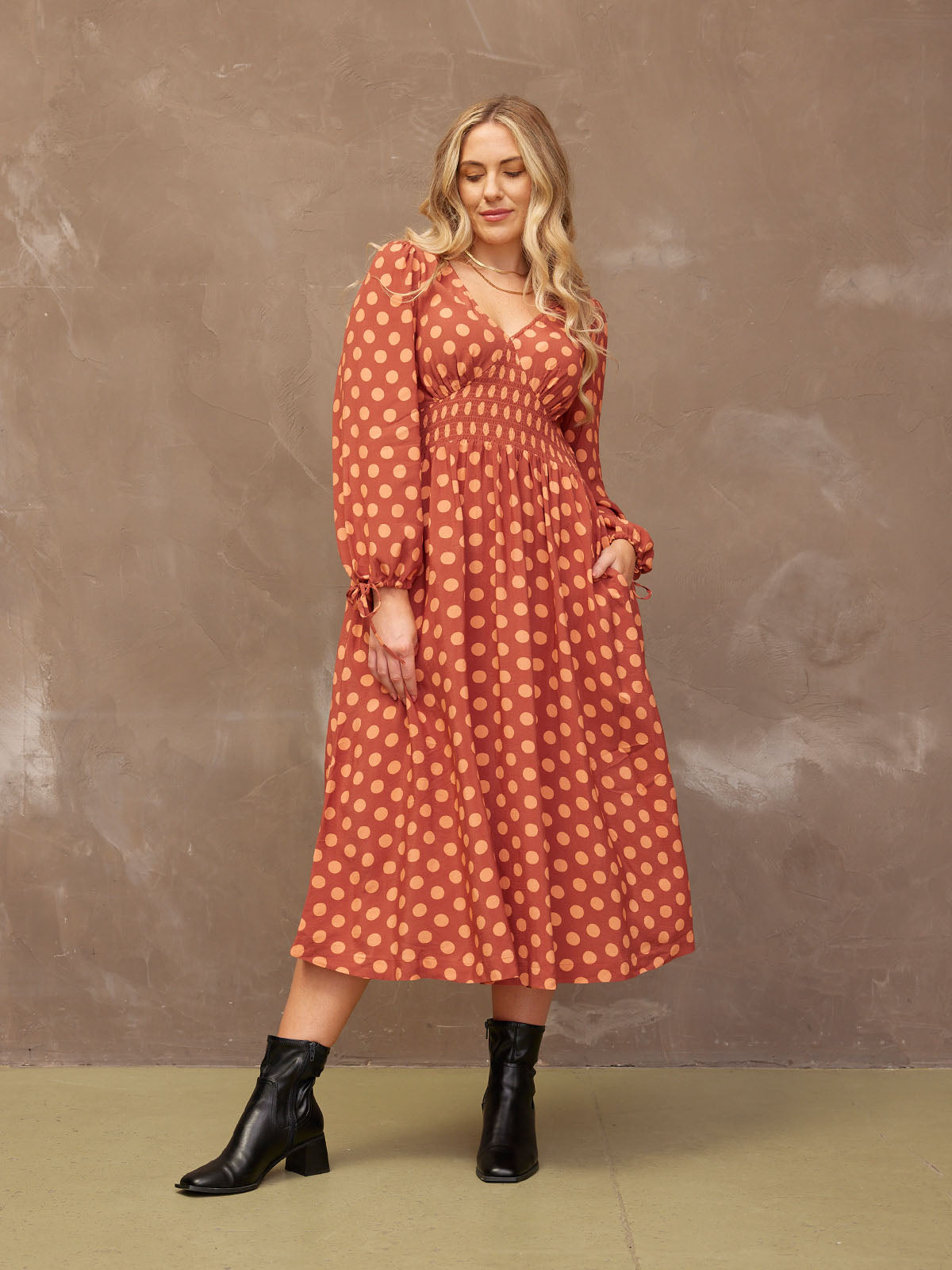 Maddie - V Neck Dress - Rust Spot Print