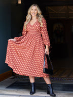 Maddie - V Neck Dress - Rust Spot Print