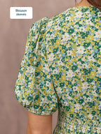Maddie Short Blouson Sleeve Dress - Green Micro Floral Print