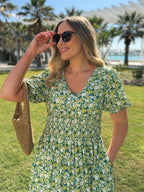 Maddie Short Blouson Sleeve Dress - Green Micro Floral Print