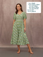 Maddie Short Blouson Sleeve Dress - Green Micro Floral Print