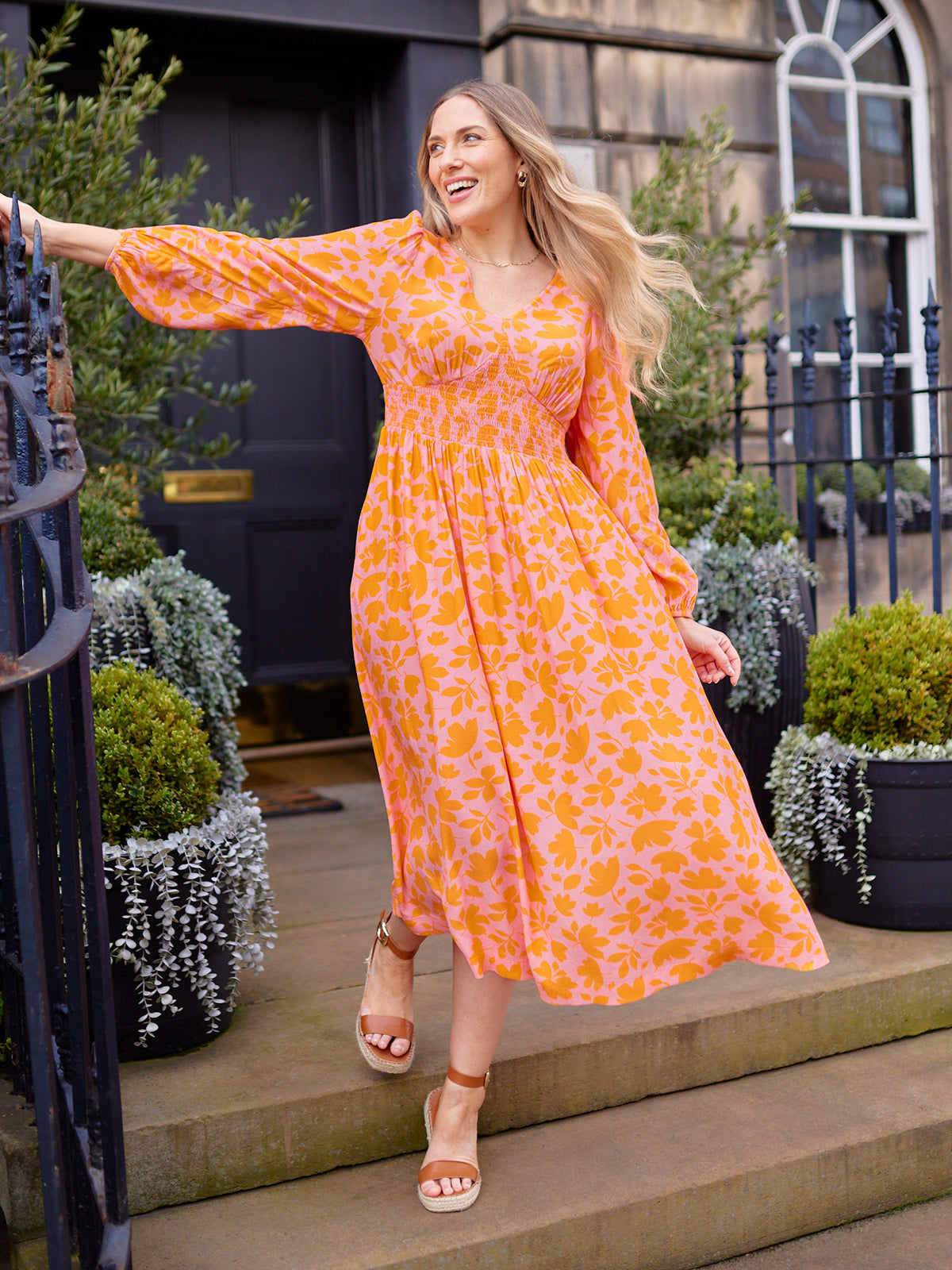 Maddie V-Neck Dress - Pink & Orange Floral Print