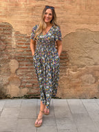 Maddie V-Neck Short Sleeve Dress - Multi-Coloured Floral Print