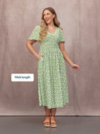 Maddie V-Neck Short Sleeve Dress - Olive Print