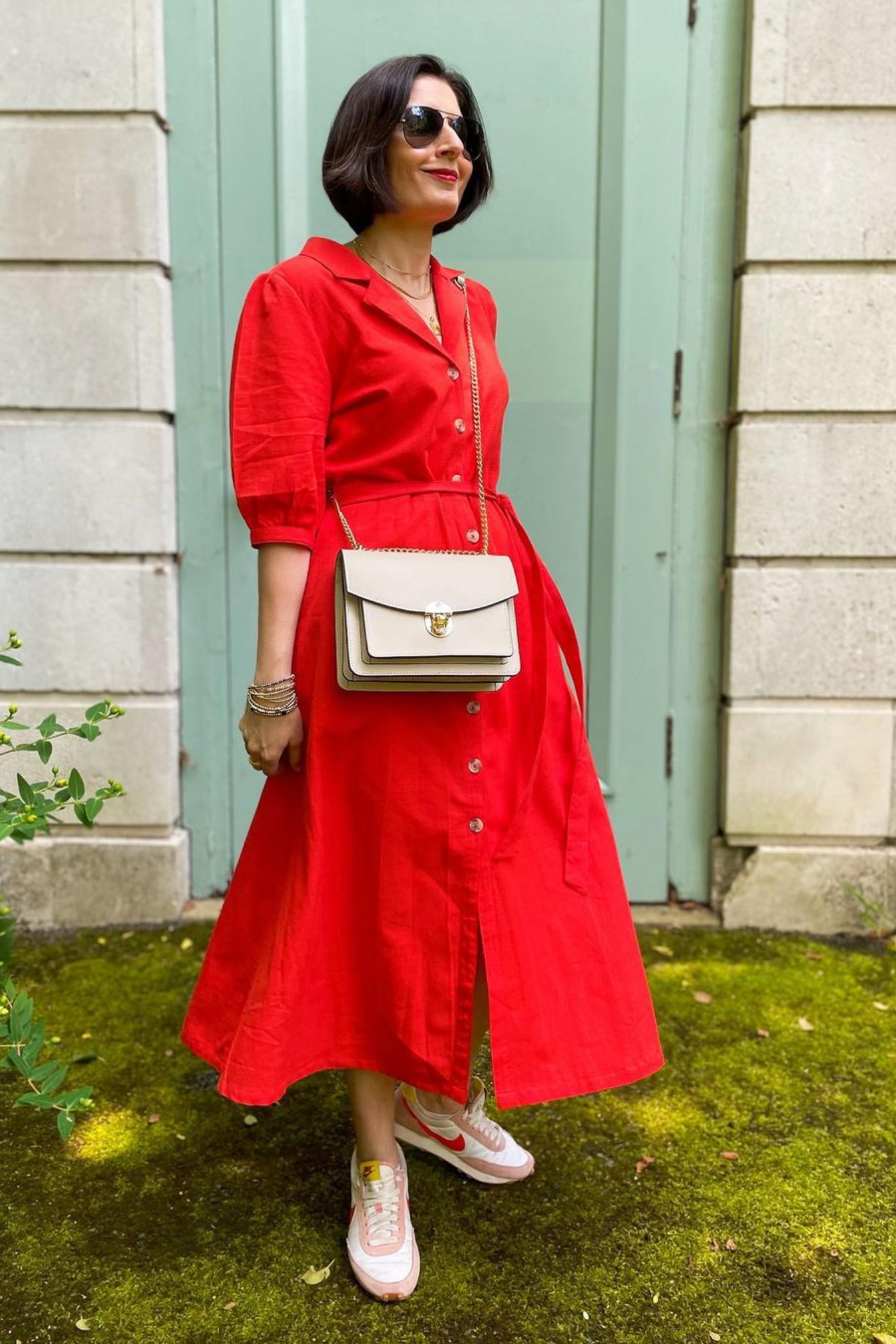 Michelle - Short Sleeve Shirt Dress - Red/Orange