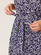Nena - Pleated Dress - Navy Leaf Print