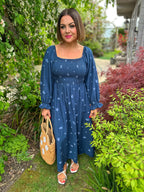 Sam Navy Print Shirred Dress
