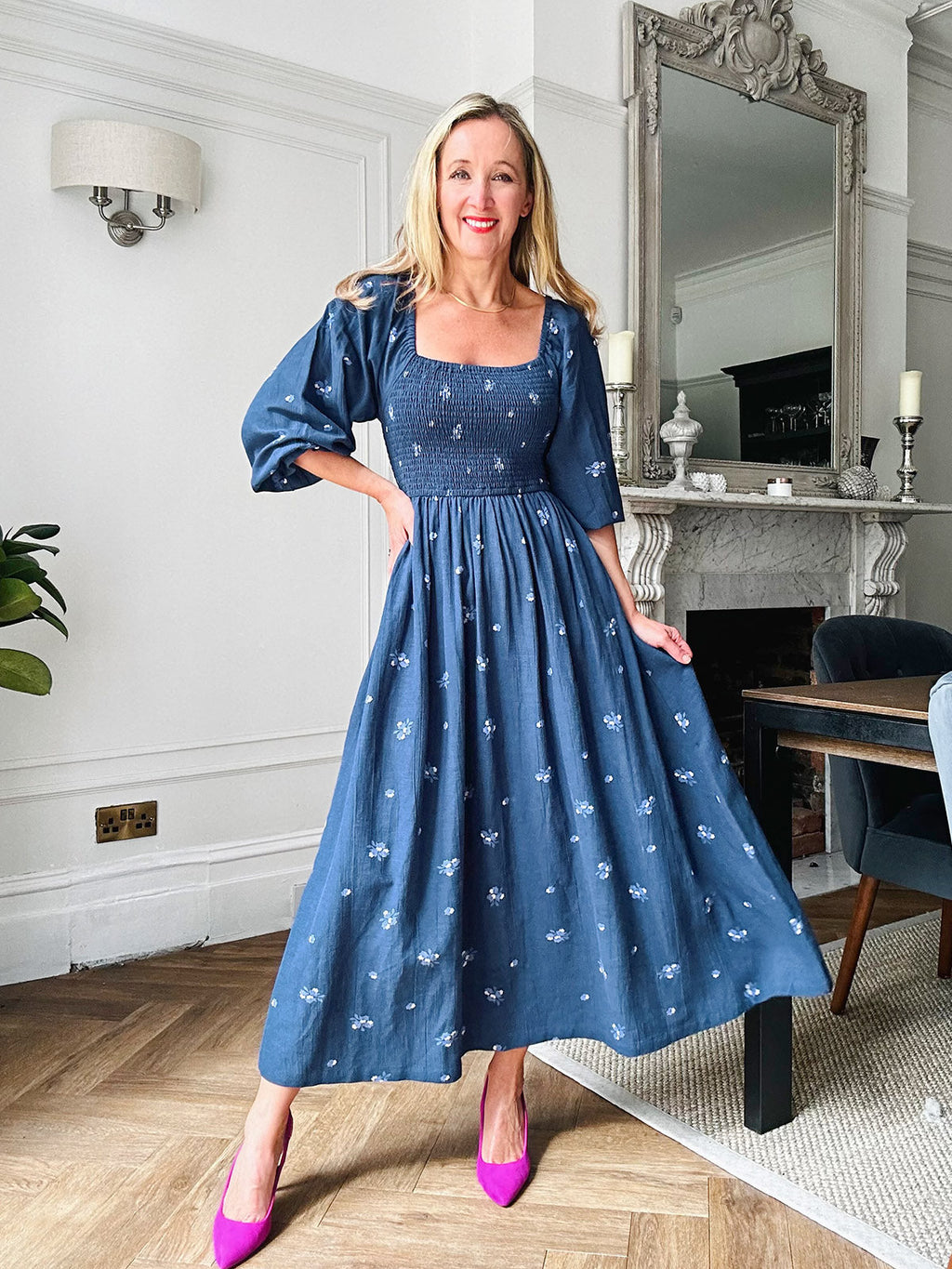 Sam Navy Print Shirred Dress