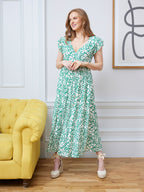Susan Maxi Dress - White & Green Linear Print