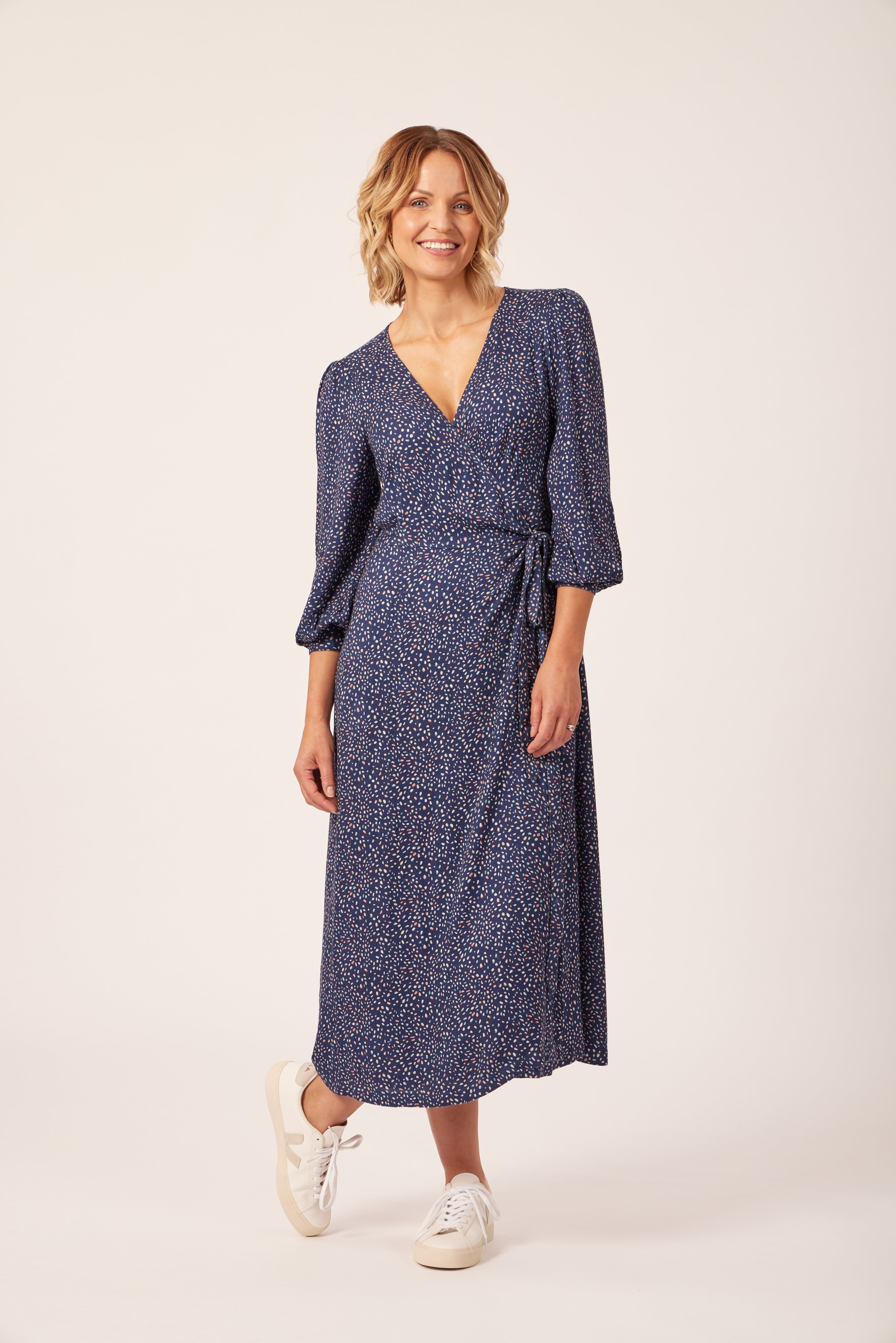 Natalie - Long Sleeved Midi Wrap Dress - Navy with Dots