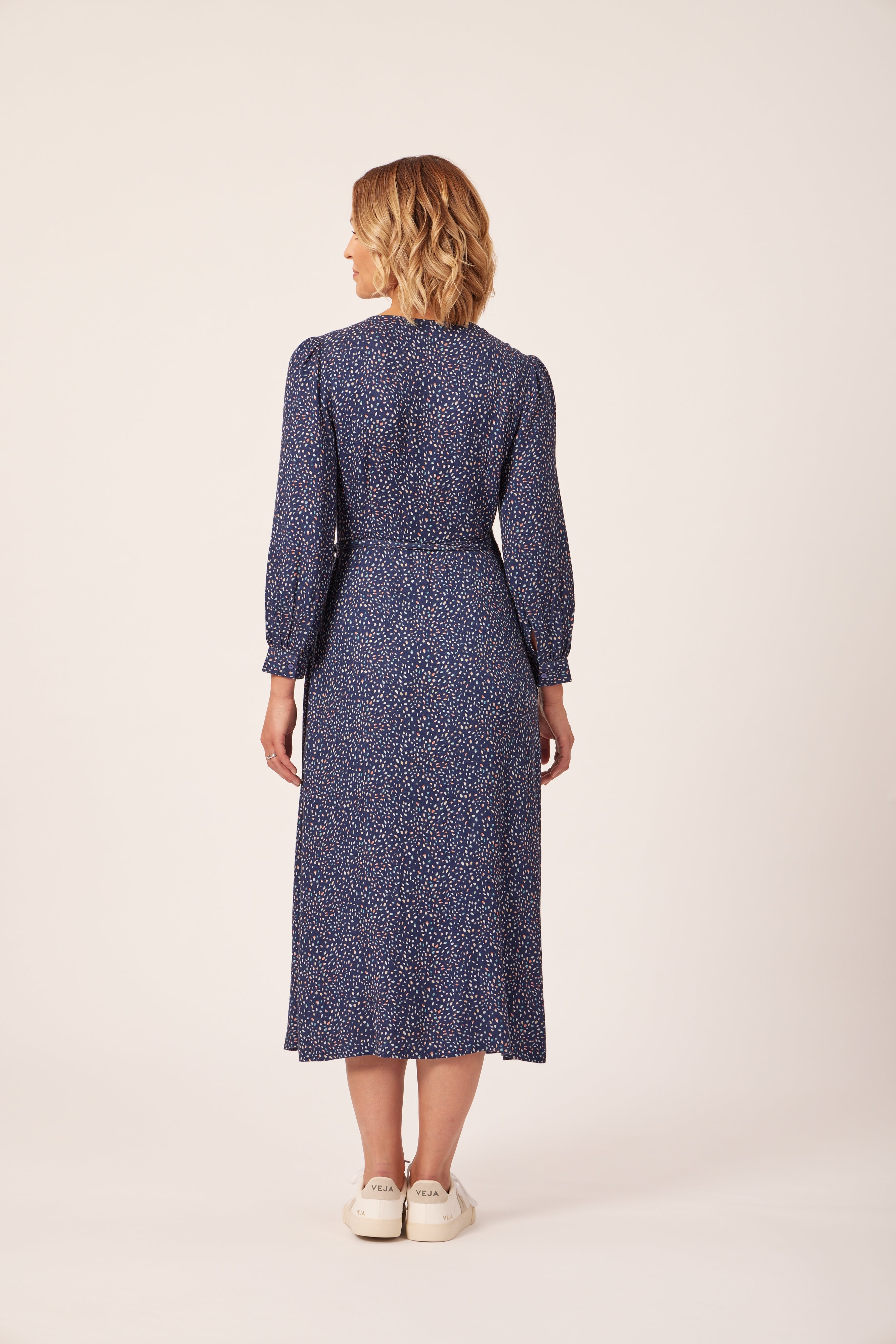 Natalie - Long Sleeved Midi Wrap Dress - Navy with Dots