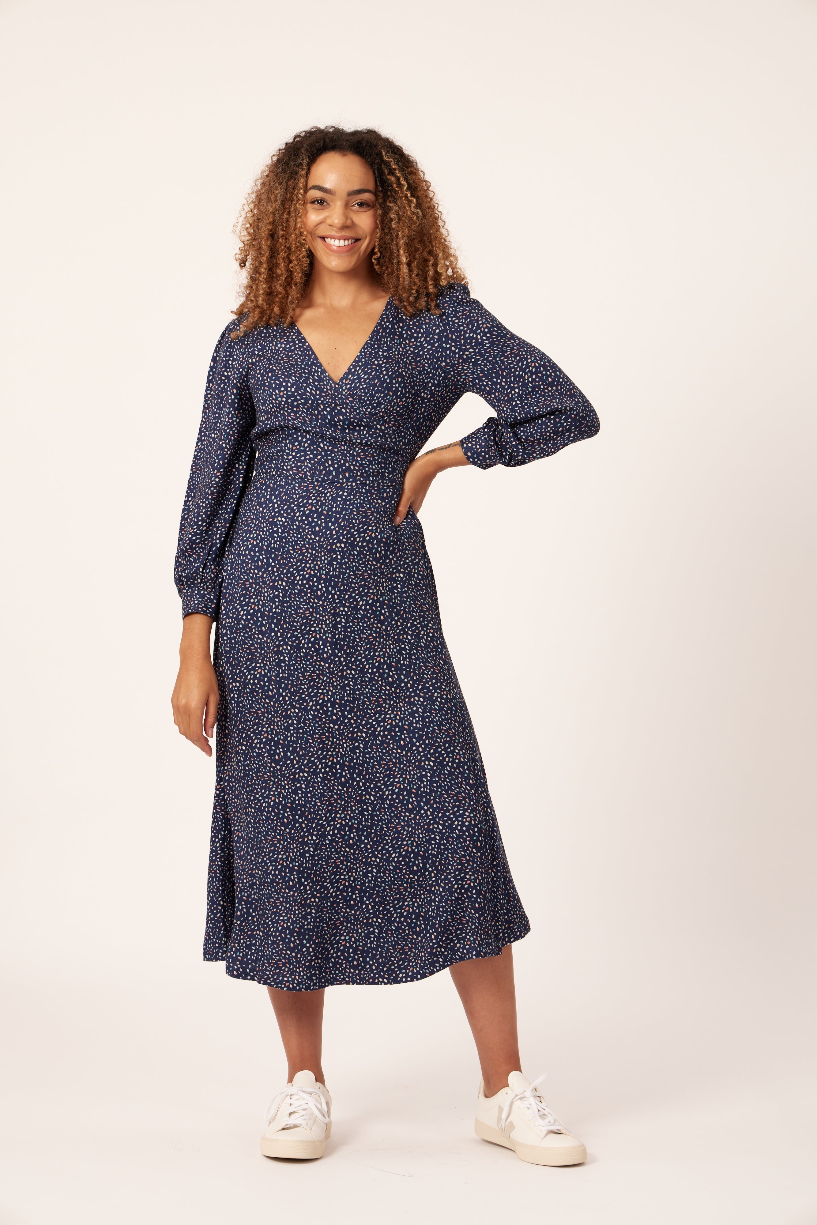 Natalie - Long Sleeved Midi Wrap Dress - Navy with Dots