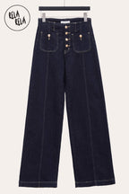 Stretchy Wide Leg Seamed Jeans with Button Details in Rinse Blue
