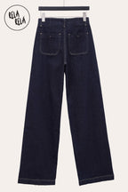 Stretchy Wide Leg Seamed Jeans with Button Details in Rinse Blue