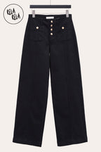 Stretchy Wide Leg Seamed Jeans with Button Details in Black