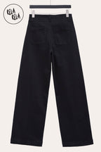 Stretchy Wide Leg Seamed Jeans with Button Details in Black