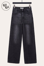 Stretchy Studded Rivet Wide Leg Jeans in Charcoal