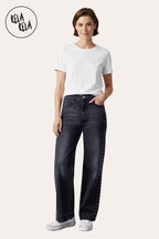 Stretchy Studded Rivet Wide Leg Jeans in Charcoal