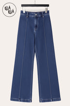 Pintuck Flare Jeans with Front Seam in Indigo Blue