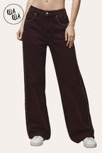 Chocolate Wide Leg Dad Fit Viral Stretchy Jeans with Stud Details