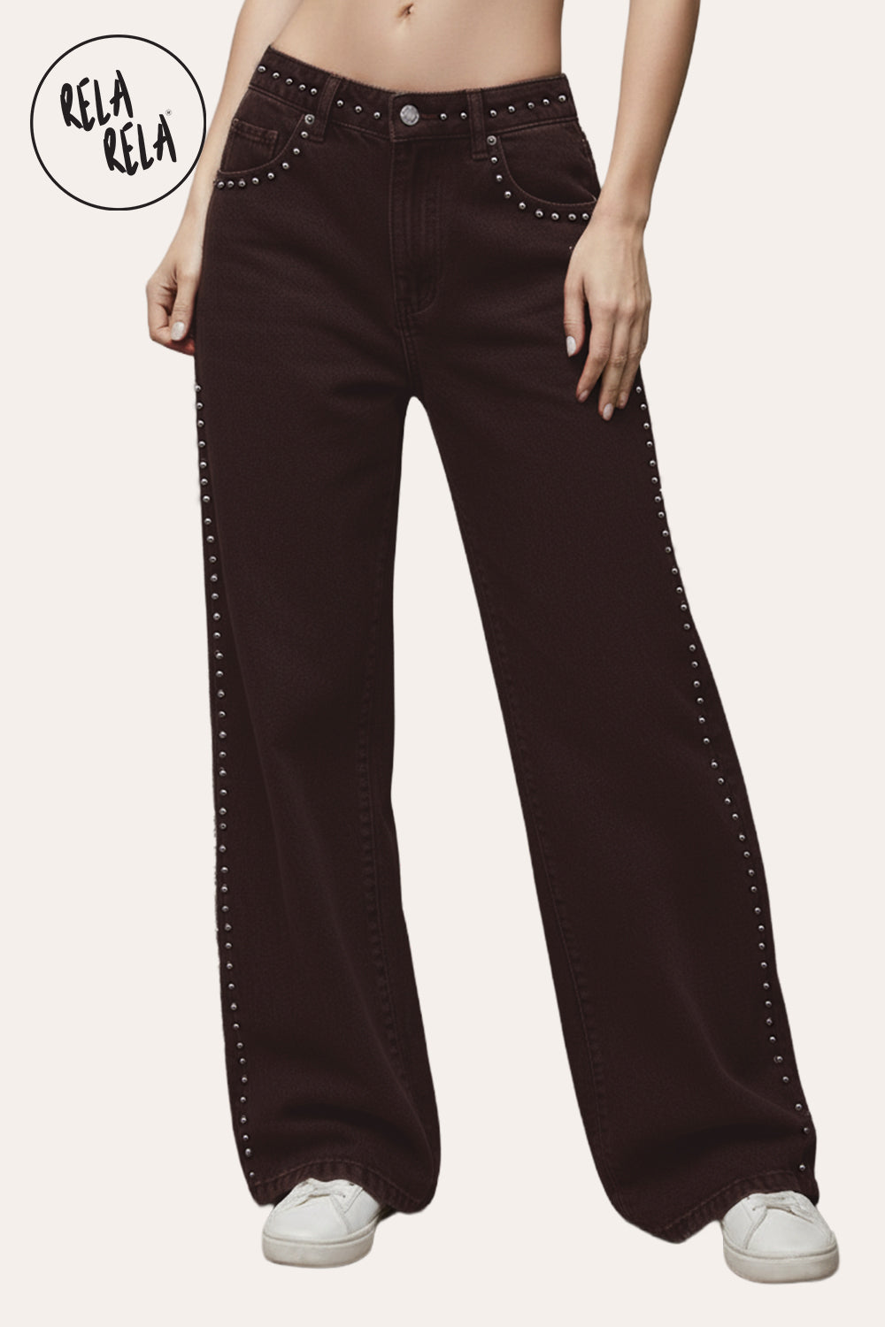 Chocolate Wide Leg Dad Fit Viral Stretchy Jeans with Stud Details