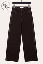 Chocolate Wide Leg Dad Fit Viral Stretchy Jeans with Stud Details