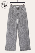 Grey Leopard Print Viral Stretchy Wide Leg Jeans