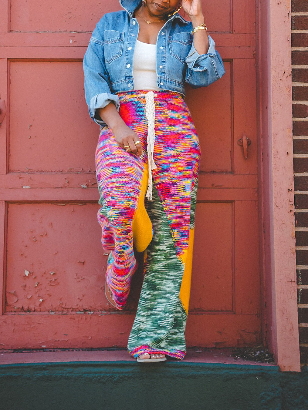 Casual Colorful Knit Paneled Pants