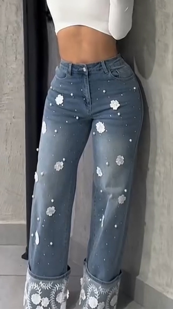 Womens Printed Wash Water Spliced casual Jeans