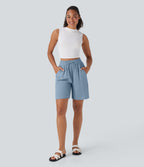 High Waisted Drawstring Casual Linen-Feel Shorts with Pockets