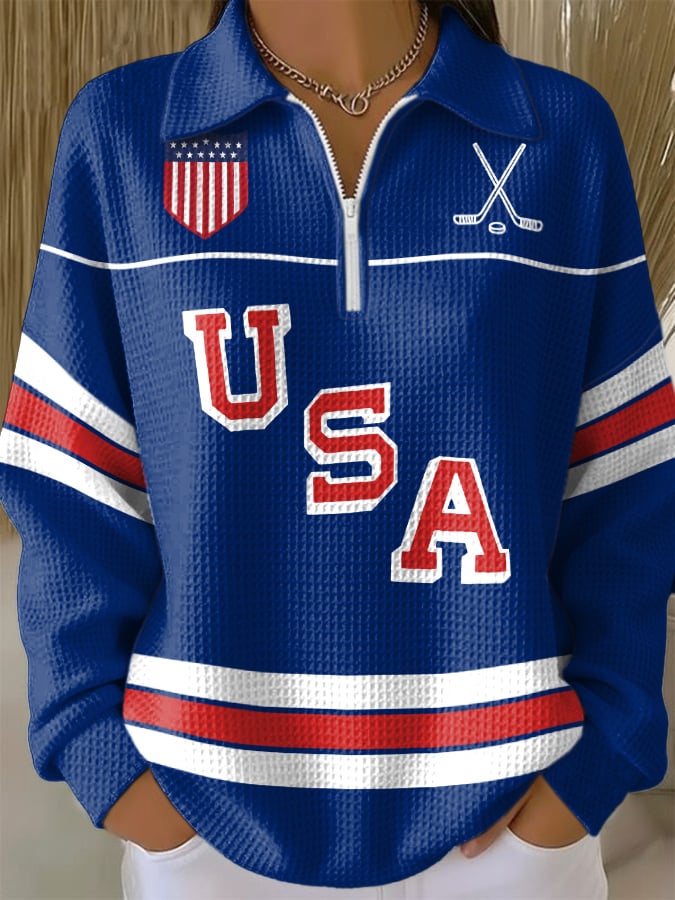 Retro USA Ice Hockey Zipper Print Sweatshirt
