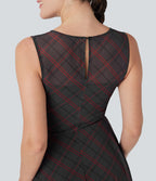 Sleeveless Plaid Contrast Mesh 2-in-1 Mini Casual Dress with Pocket