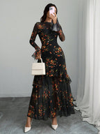 Women's Gothic Elegant Sexy Mesh Splicing Colorful Print Retro Petal Sleeves Ruffle Mermaid Hem Double Layer Dress