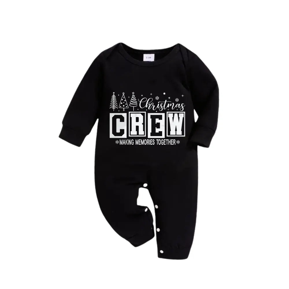 Christmas Family Matching Pajamas-Black Top and Green Plaid Pants Pjs Set with "Christmas Crew Making Memories Together " Print