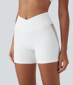 SoftlyZeroTM High Waisted Crossover Contrast Mesh Yoga Biker Shorts 5'' with Pocket-UPF50+