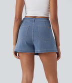 FlexTM High Waisted 2-in-1 Washed Stretchy Knit Denim Casual A-line Skort with Pockets