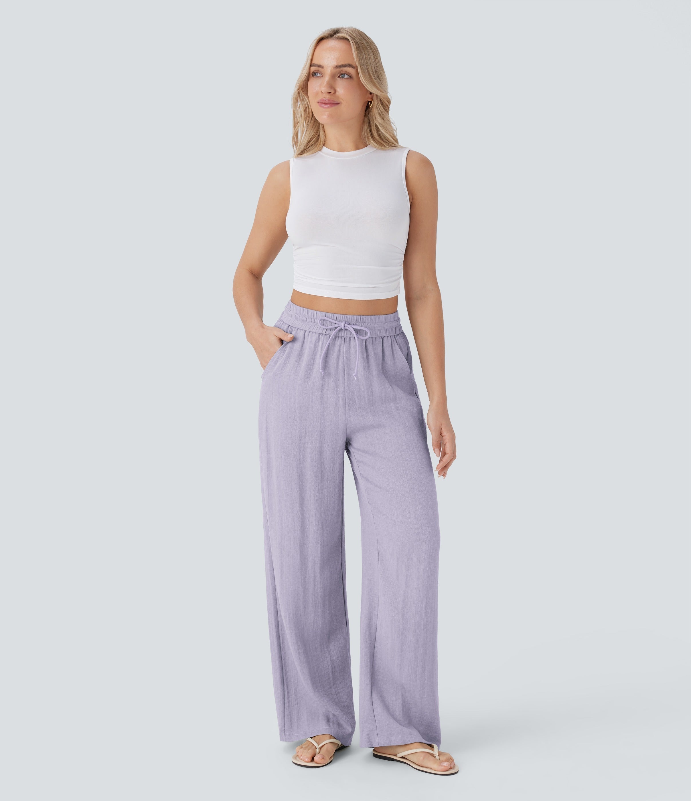 Women Summer High Waisted Drawstring Pocket Wide Leg Casual Linen-Feel Pants