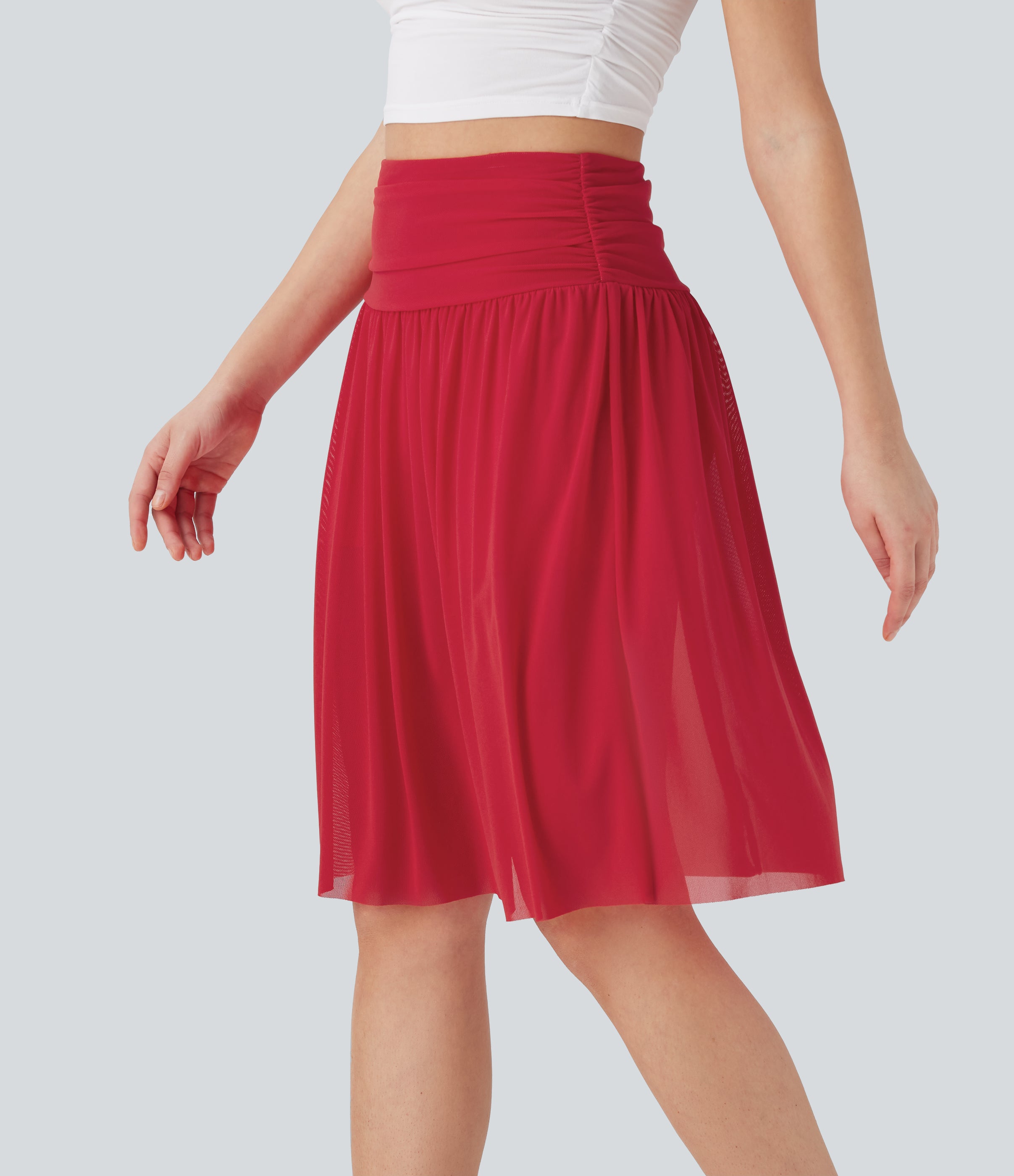 High Waisted Ruched 2-in-1 Contrast Mesh Flowy Midi Casual Skirt with Pockets