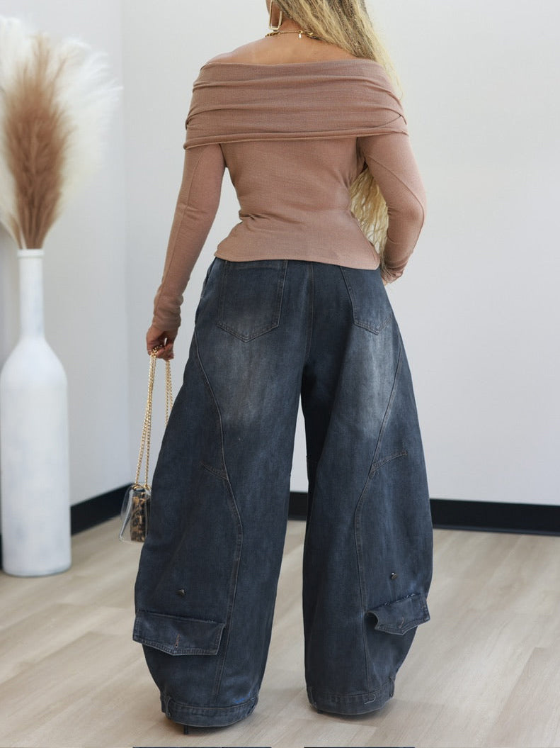 Fashion Asymmetric Placket Cocoon Silhouette Washed Jeans