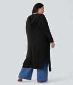 Hooded Long Sleeve Pocket Longline Casual Plus Size Cardigan