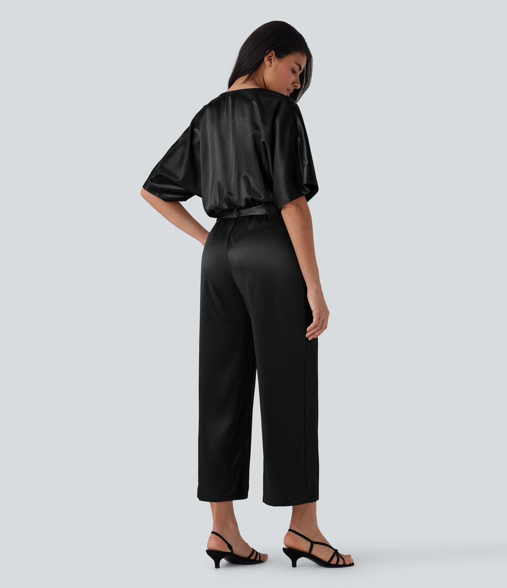 Crossover V Neck Belted Wide Leg Satin-like Work Jumpsuit with Pockets