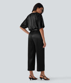 Crossover V Neck Belted Wide Leg Satin-like Work Jumpsuit with Pockets
