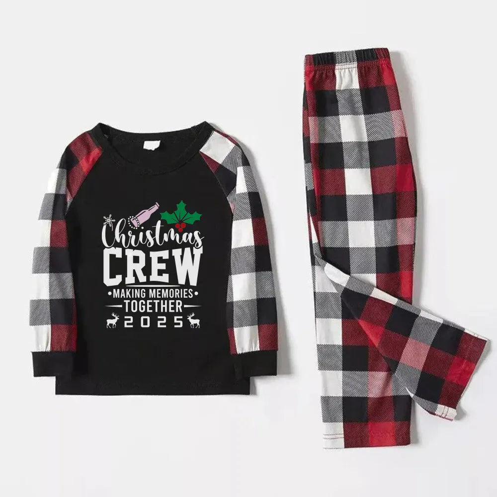 Christmas Family Matching Pajamas-Red and Gray Plaid Pjs set with “Christmas Crew” Artistic Font Print