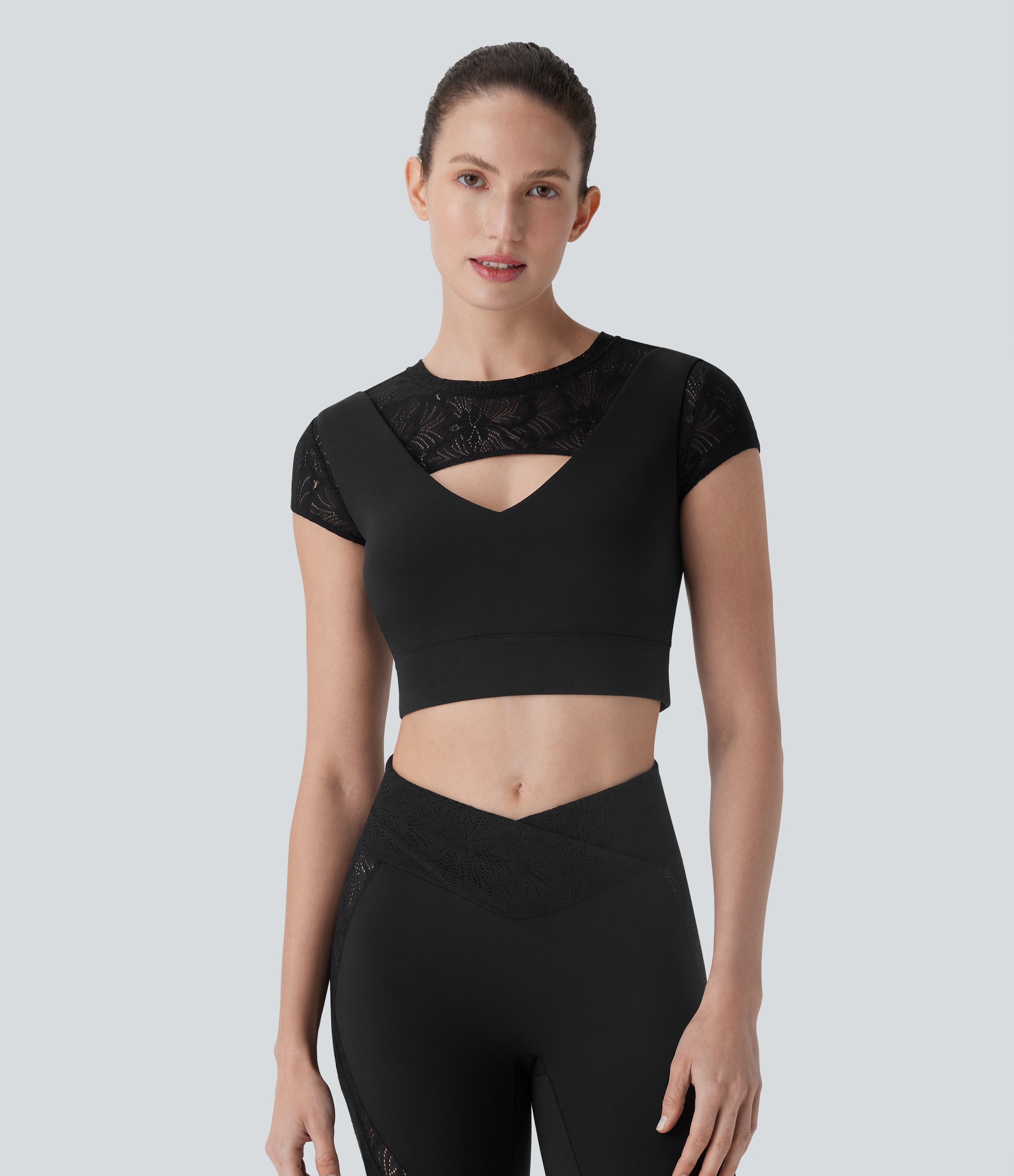 SoftlyZeroTM Contrast Lace Short Sleeve Cropped Yoga Sports Top-UPF50+