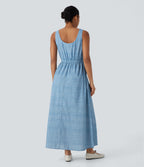 Sleeveless Drawstring Maxi Casual Dress with Pockets