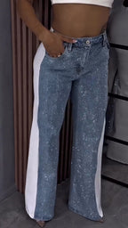 Ladies Spliced Rhinestone Casual Pants