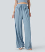 Ribbed Knit High Waisted Drawstring Straight Leg Casual Pants with Pockets