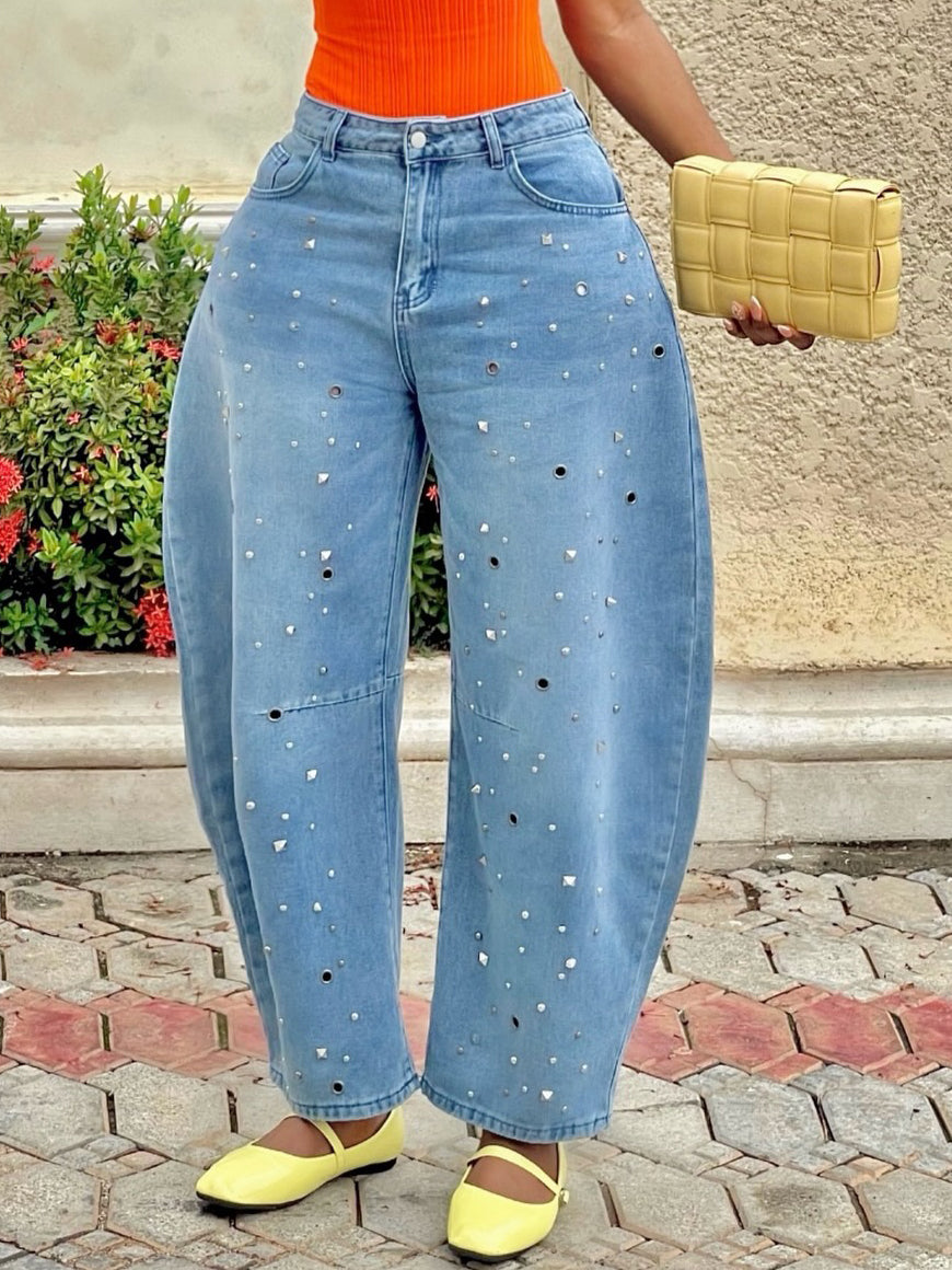 Fashion Studded Cocoon Loose Fit Jeans